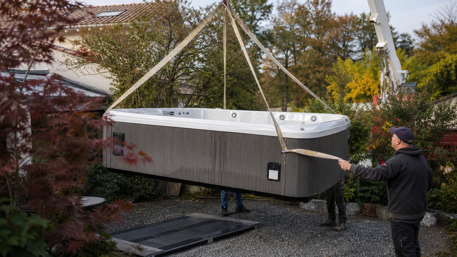 Spa de nage suspendu à une grue au-dessus d'un jardin, avant sa pose et sa mise en eau