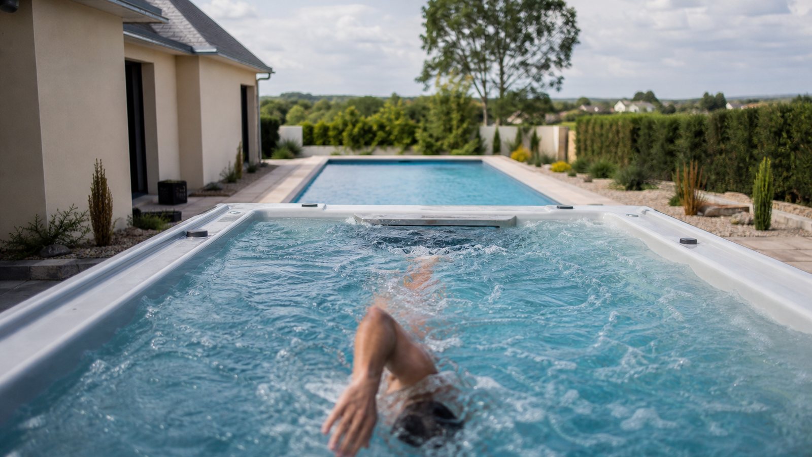 Spa de nage compact intégré à une terrasse contemporaine, alternative élégante à la piscine