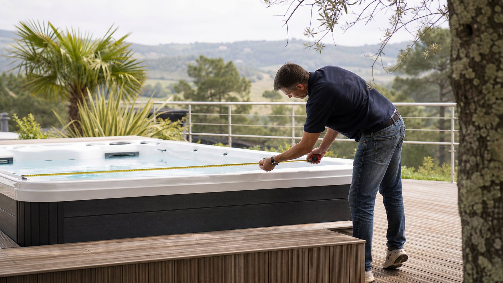 Relevé au mètre ruban des dimensions d'un spa de nage posé sur une terrasse en bois