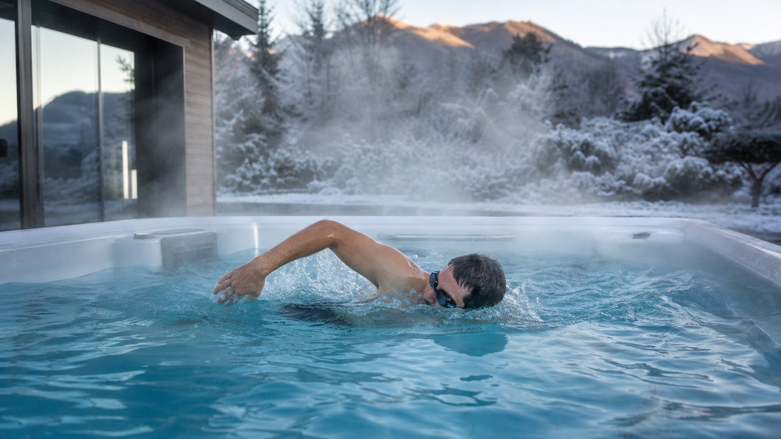 Spa de nage fumant sous un ciel d'hiver dégagé, eau tempérée prête pour la nage