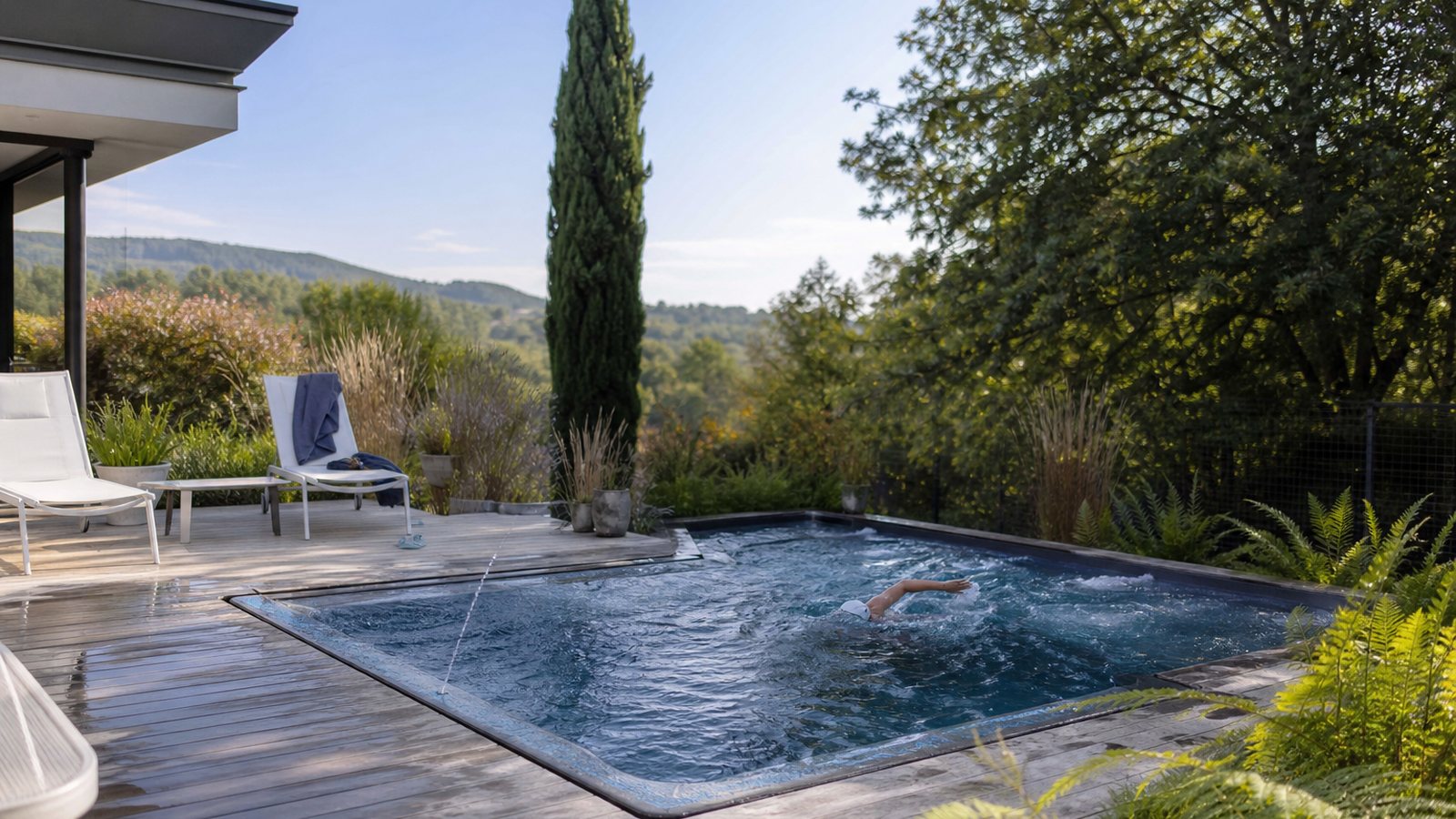 Spa de nage encastré affleurant une terrasse en bois, intégré comme une pièce d'eau